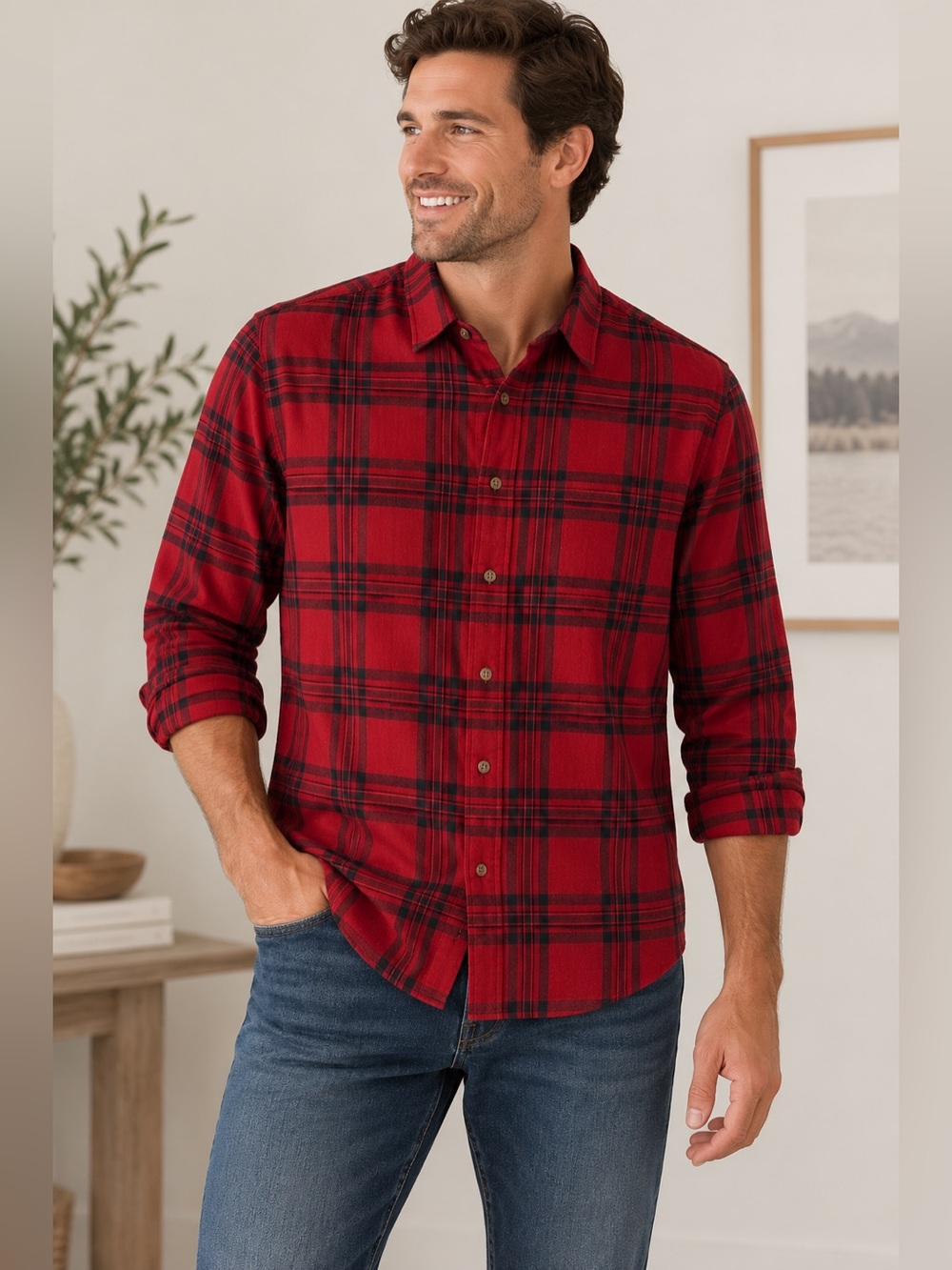 Banana Republic Red Plaid Flannel Shirt Large 100% Cotton Untucked Fit